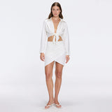Greta White Satin Long Sleeve Tie Front Shirt | Moeva | Shirt | Each week unveils new pieces—luxury swimwear, fluid resort silhouettes, and elevated summer-to-evening essentials designed to carry you from coastal escapes to city nights.
