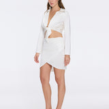 Greta White Satin Long Sleeve Tie Front Shirt | Moeva | Beachwear Tops | Each week unveils new pieces—luxury swimwear, fluid resort silhouettes, and elevated summer-to-evening essentials designed to carry you from coastal escapes to city nights.