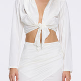 Greta White Satin Tie Front Shirt And Antonia Skirt Set | Moeva | Beachwear Tops | Each week unveils new pieces—luxury swimwear, fluid resort silhouettes, and elevated summer-to-evening essentials designed to carry you from coastal escapes to city nights.