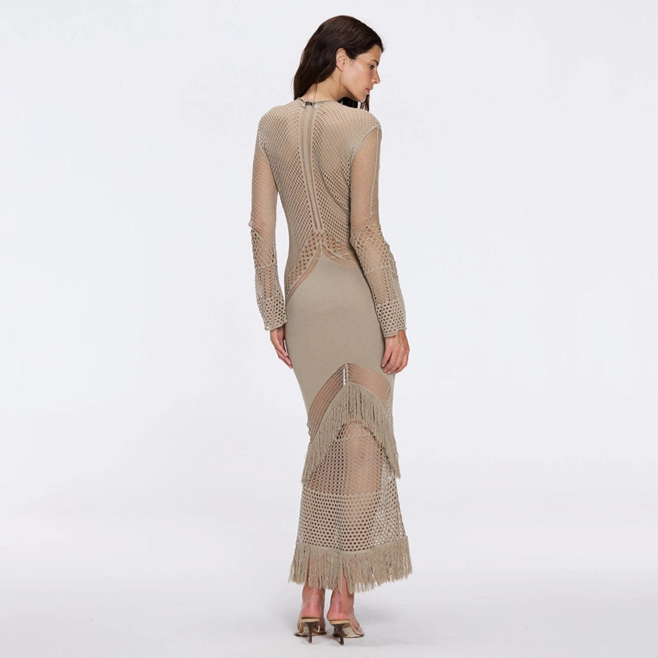 Elba Khaki Long Sleeve Knit Fringe Maxi Dress | Moeva | Dress | Each week unveils new pieces—luxury swimwear, fluid resort silhouettes, and elevated summer-to-evening essentials designed to carry you from coastal escapes to city nights.