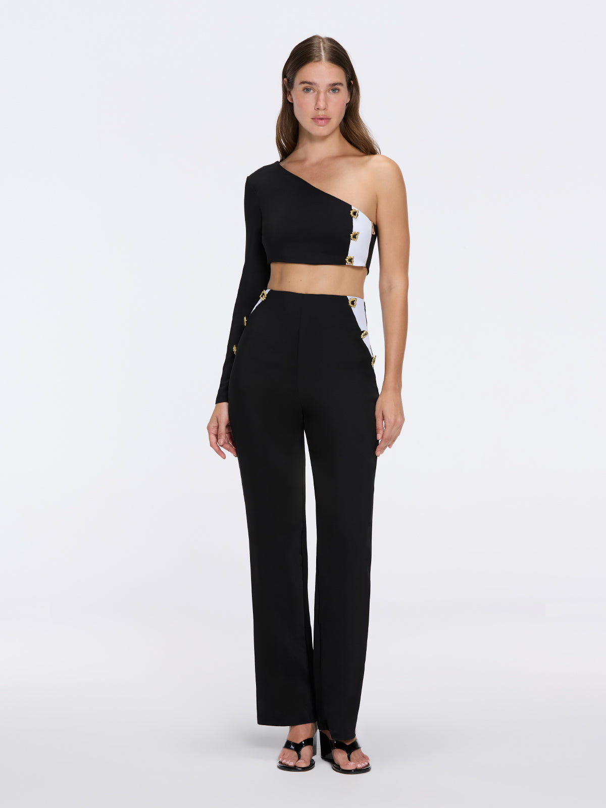 Villamar One-Shoulder Crop Top And Evangeline High Waist Black-White Pants Set | Moeva | Set | Each week unveils new pieces—luxury swimwear, fluid resort silhouettes, and elevated summer-to-evening essentials designed to carry you from coastal escapes to city nights.