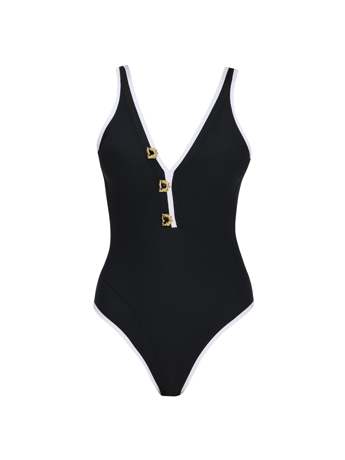 Brie V Neck Button Detail Black Swimsuit | Moeva | Swimsuit | Each week unveils new pieces—luxury swimwear, fluid resort silhouettes, and elevated summer-to-evening essentials designed to carry you from coastal escapes to city nights.