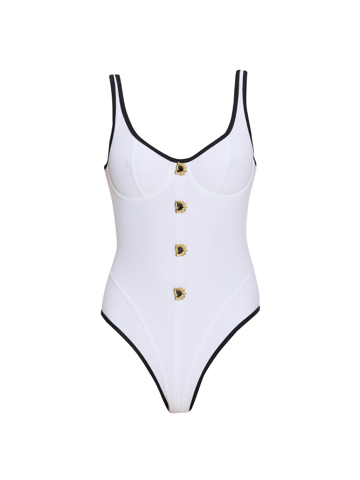 Azurea Underwired Gold Button Detail White Swimsuit | Moeva | Swimsuit | Each week unveils new pieces—luxury swimwear, fluid resort silhouettes, and elevated summer-to-evening essentials designed to carry you from coastal escapes to city nights.