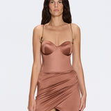 Solea Brown Satin Mini Dress with Gold Chain Strap Detail | Moeva | Dress | Each week unveils new pieces—luxury swimwear, fluid resort silhouettes, and elevated summer-to-evening essentials designed to carry you from coastal escapes to city nights.