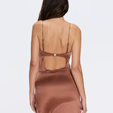 Solea Brown Satin Mini Dress with Gold Chain Strap Detail | Moeva | Dress | Each week unveils new pieces—luxury swimwear, fluid resort silhouettes, and elevated summer-to-evening essentials designed to carry you from coastal escapes to city nights.