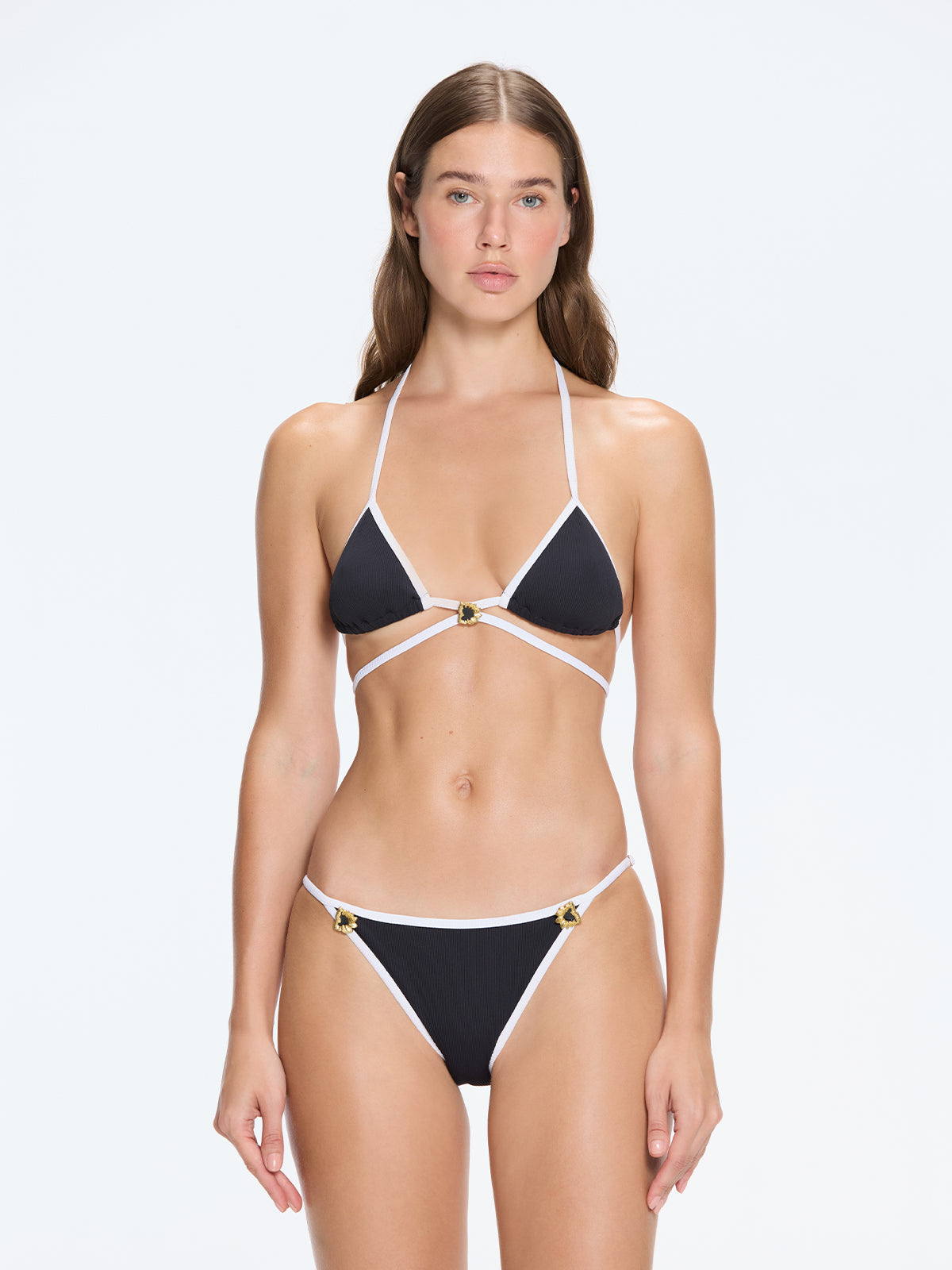 Cobie Black Triangle Gold Detail Bikini Top | Moeva | Bikini Top | Each week unveils new pieces—luxury swimwear, fluid resort silhouettes, and elevated summer-to-evening essentials designed to carry you from coastal escapes to city nights.
