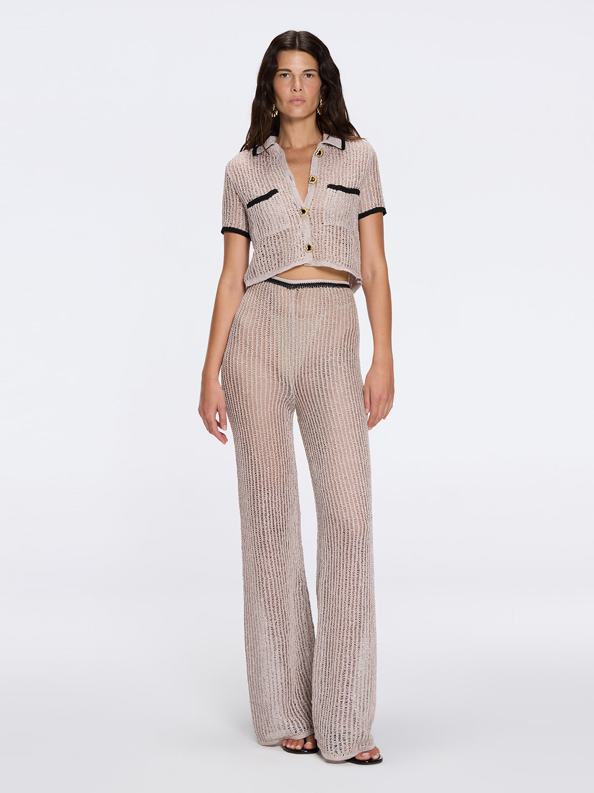 Tara Whiteman - Ramatuelle Grey-Black Crop Top & Lerins Wide-Leg Pants Knitted Set | Moeva | Set | Each week unveils new pieces—luxury swimwear, fluid resort silhouettes, and elevated summer-to-evening essentials designed to carry you from coastal escapes to city nights.