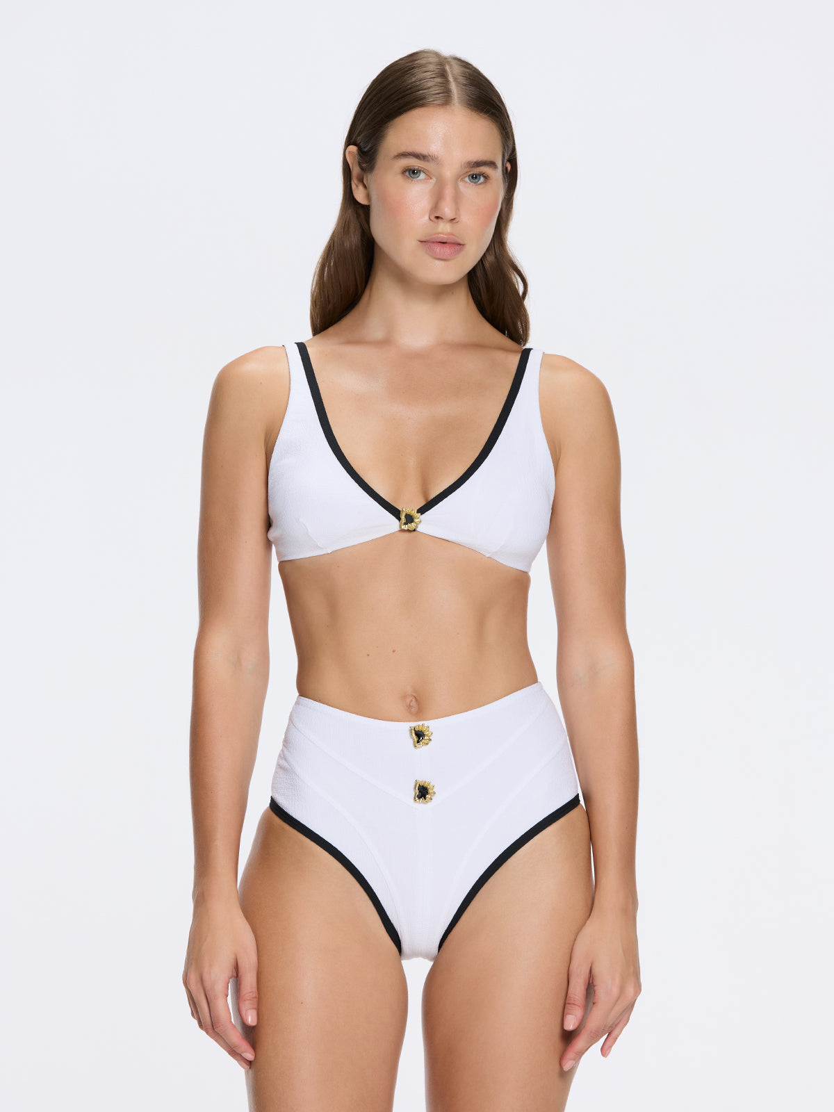 Merrin White-Black V Neck High Waist Textured Bikini Set | Moeva | Bikini Sets | Each week unveils new pieces—luxury swimwear, fluid resort silhouettes, and elevated summer-to-evening essentials designed to carry you from coastal escapes to city nights.