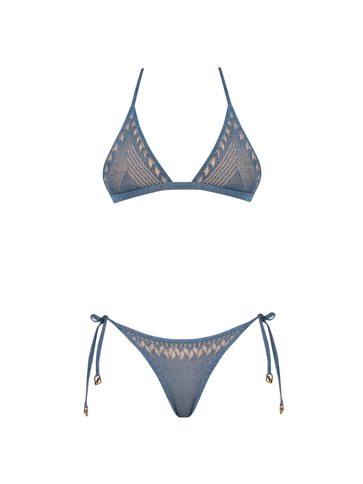 Isola Metallic Knit Side Tie Blue Bikini Bottom | Moeva | Bikini Bottom | Each week unveils new pieces—luxury swimwear, fluid resort silhouettes, and elevated summer-to-evening essentials designed to carry you from coastal escapes to city nights.
