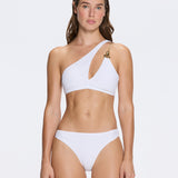 Grasse Gold Chain One-Shoulder Mid Coverage Textured White Bikini Set | Moeva | Bikini | Each week unveils new pieces—luxury swimwear, fluid resort silhouettes, and elevated summer-to-evening essentials designed to carry you from coastal escapes to city nights.