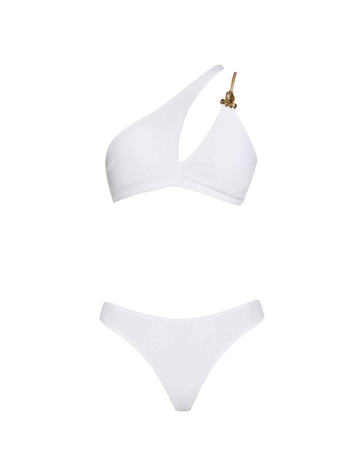 Grasse Gold Chain One-Shoulder Mid Coverage Textured White Bikini Set | Moeva | Bikini | Each week unveils new pieces—luxury swimwear, fluid resort silhouettes, and elevated summer-to-evening essentials designed to carry you from coastal escapes to city nights.