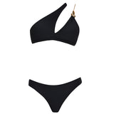 Grasse Gold Chain One-Shoulder Mid Coverage Textured Black Bikini Set | Moeva | Bikini | Each week unveils new pieces—luxury swimwear, fluid resort silhouettes, and elevated summer-to-evening essentials designed to carry you from coastal escapes to city nights.