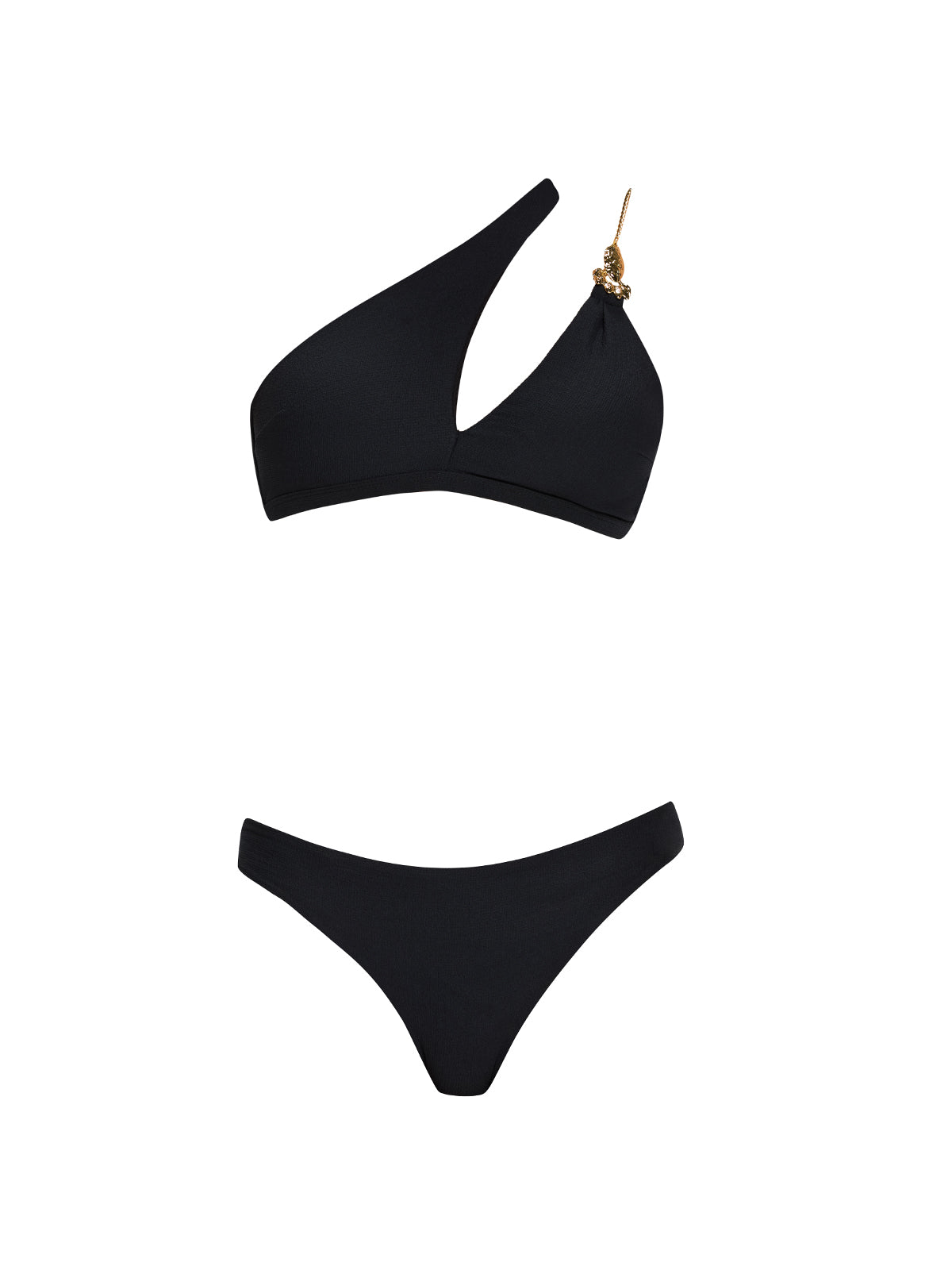 Grasse Gold Chain One-Shoulder Mid Coverage Textured Black Bikini Set | Moeva | Bikini | Each week unveils new pieces—luxury swimwear, fluid resort silhouettes, and elevated summer-to-evening essentials designed to carry you from coastal escapes to city nights.
