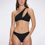 Grasse Gold Chain One-Shoulder Textured Black Bikini Top | Moeva | Bikini Top | Each week unveils new pieces—luxury swimwear, fluid resort silhouettes, and elevated summer-to-evening essentials designed to carry you from coastal escapes to city nights.