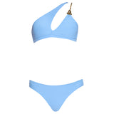 Grasse Gold Chain One-Shoulder Mid Coverage Textured Blue Bikini Set | Moeva | Bikini | Each week unveils new pieces—luxury swimwear, fluid resort silhouettes, and elevated summer-to-evening essentials designed to carry you from coastal escapes to city nights.