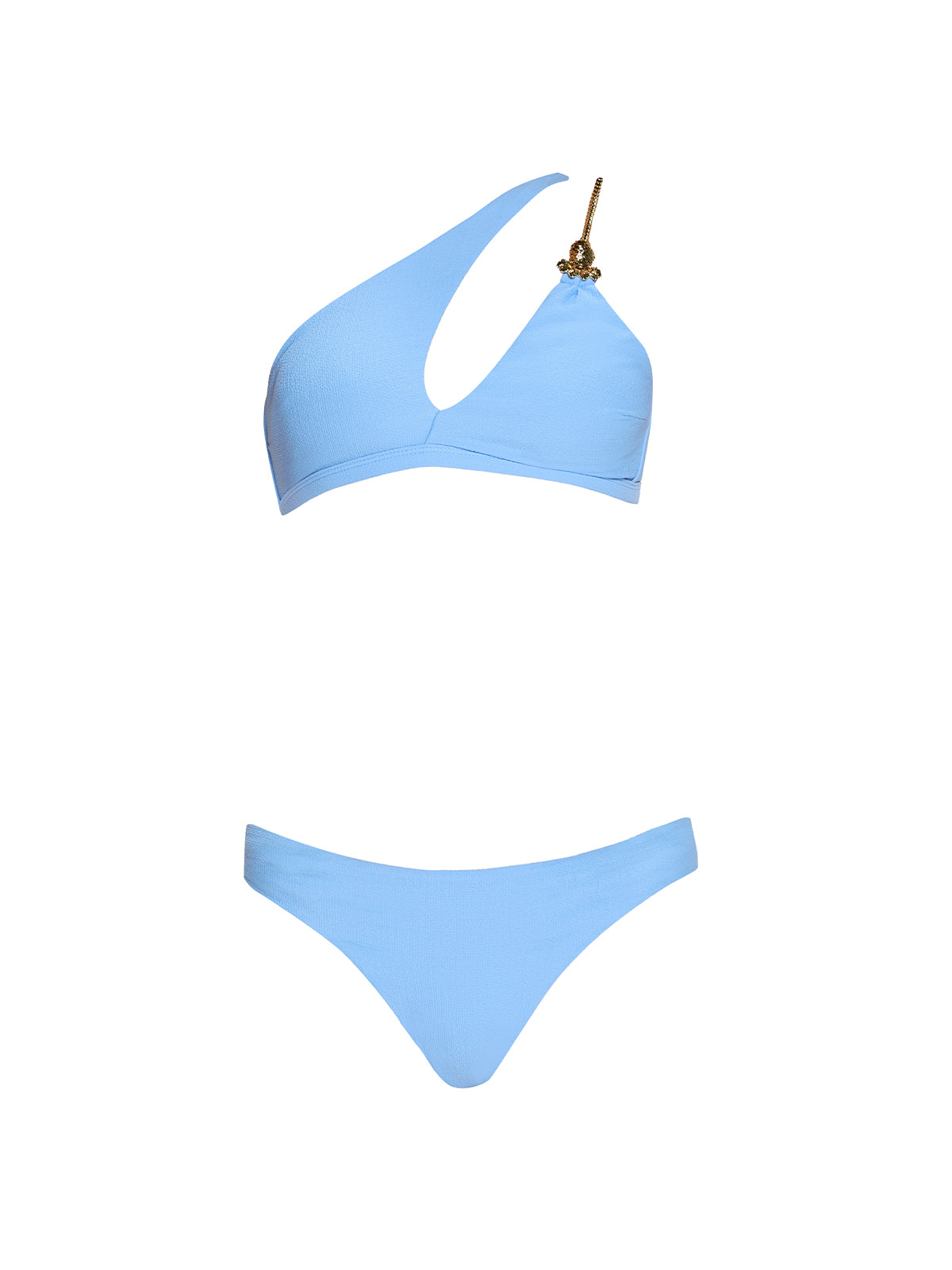 Grasse Gold Chain One-Shoulder Mid Coverage Textured Blue Bikini Set | Moeva | Bikini | Each week unveils new pieces—luxury swimwear, fluid resort silhouettes, and elevated summer-to-evening essentials designed to carry you from coastal escapes to city nights.