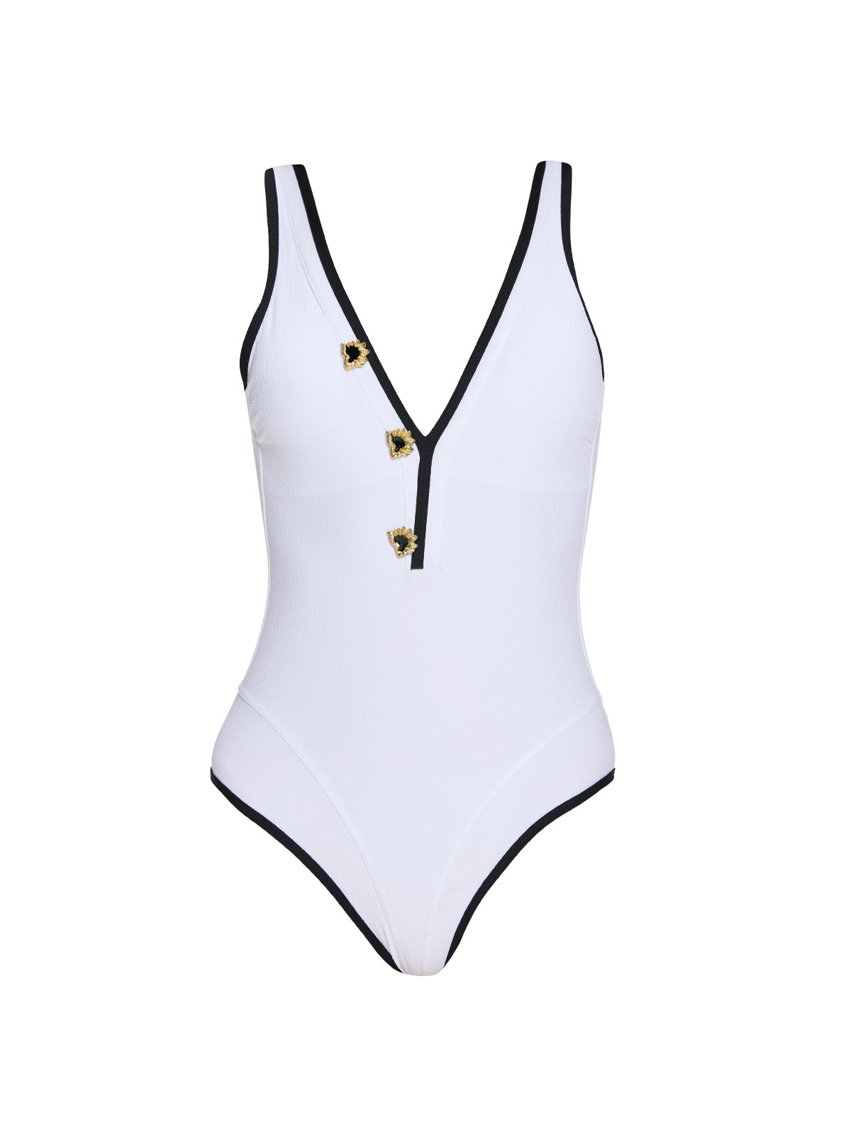 Brie V Neck Button Detail White Swimsuit | Moeva | Swimsuit | Each week unveils new pieces—luxury swimwear, fluid resort silhouettes, and elevated summer-to-evening essentials designed to carry you from coastal escapes to city nights.
