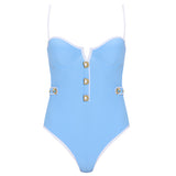 Lourmarin Blue-White Underwired Gold Button Detail Swimsuit | Moeva | Swimsuit | Each week unveils new pieces—luxury swimwear, fluid resort silhouettes, and elevated summer-to-evening essentials designed to carry you from coastal escapes to city nights.
