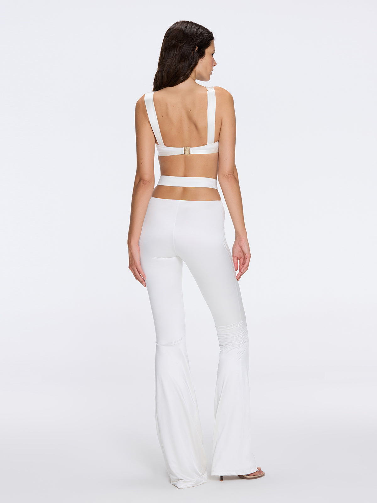 Gwyneth High-Waist with Gold Detail Satin Flare White Pants | Moeva | Pants | Each week unveils new pieces—luxury swimwear, fluid resort silhouettes, and elevated summer-to-evening essentials designed to carry you from coastal escapes to city nights.