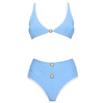 Merrin Blue-White V Neck High Waist Textured Bikini Set | Moeva | Bikini Set | Each week unveils new pieces—luxury swimwear, fluid resort silhouettes, and elevated summer-to-evening essentials designed to carry you from coastal escapes to city nights.