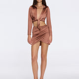 Greta Brown Satin Tie Front Shirt And Antonia Skirt Set | Moeva | Beachwear Tops | Each week unveils new pieces—luxury swimwear, fluid resort silhouettes, and elevated summer-to-evening essentials designed to carry you from coastal escapes to city nights.