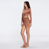 Greta Brown Satin Tie Front Shirt And Antonia Skirt Set | Moeva | Set | Each week unveils new pieces—luxury swimwear, fluid resort silhouettes, and elevated summer-to-evening essentials designed to carry you from coastal escapes to city nights.