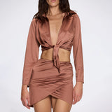 Greta Brown Satin Tie Front Shirt And Antonia Skirt Set | Moeva | Set | Each week unveils new pieces—luxury swimwear, fluid resort silhouettes, and elevated summer-to-evening essentials designed to carry you from coastal escapes to city nights.