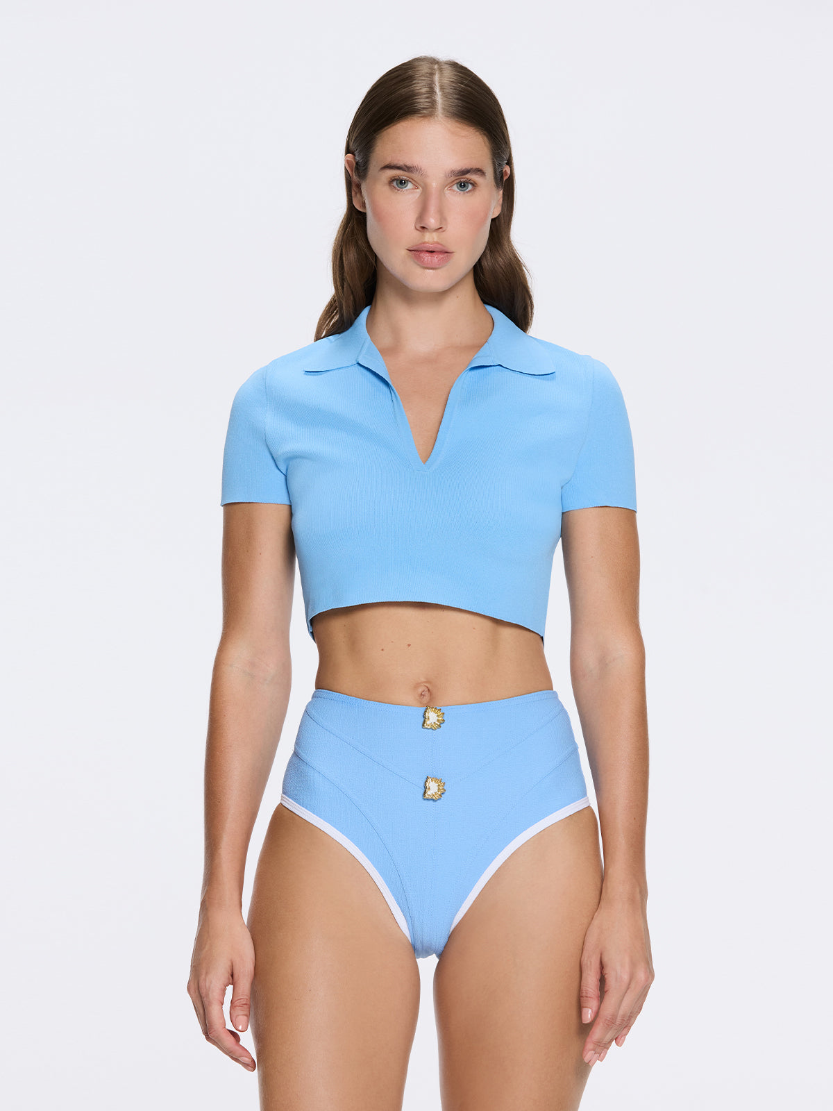 Shandy Baby Blue Polo Collar Knitted Crop Top | Moeva | Crop Top | Each week unveils new pieces—luxury swimwear, fluid resort silhouettes, and elevated summer-to-evening essentials designed to carry you from coastal escapes to city nights.