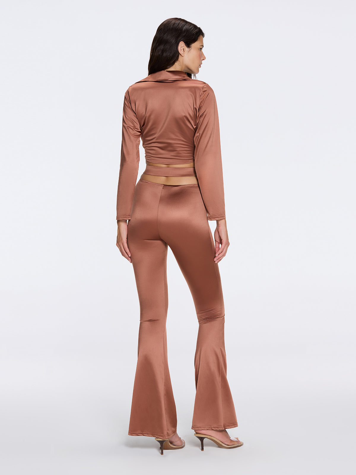 Gwyneth High-Waist with Gold Detail Satin Flare Brown Pants | Moeva | Pants | Each week unveils new pieces—luxury swimwear, fluid resort silhouettes, and elevated summer-to-evening essentials designed to carry you from coastal escapes to city nights.