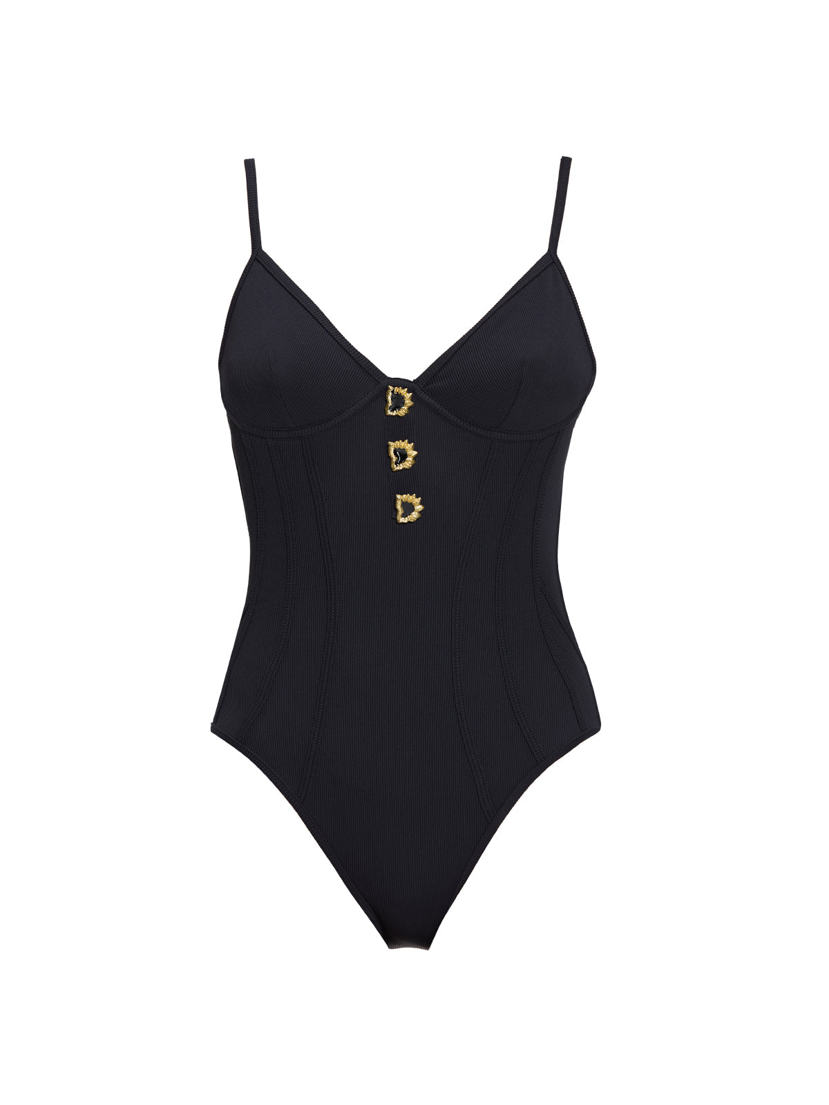 Grimaud Underwired Gold Button Detail Black Swimsuit | Moeva | Swimsuit | Each week unveils new pieces—luxury swimwear, fluid resort silhouettes, and elevated summer-to-evening essentials designed to carry you from coastal escapes to city nights.