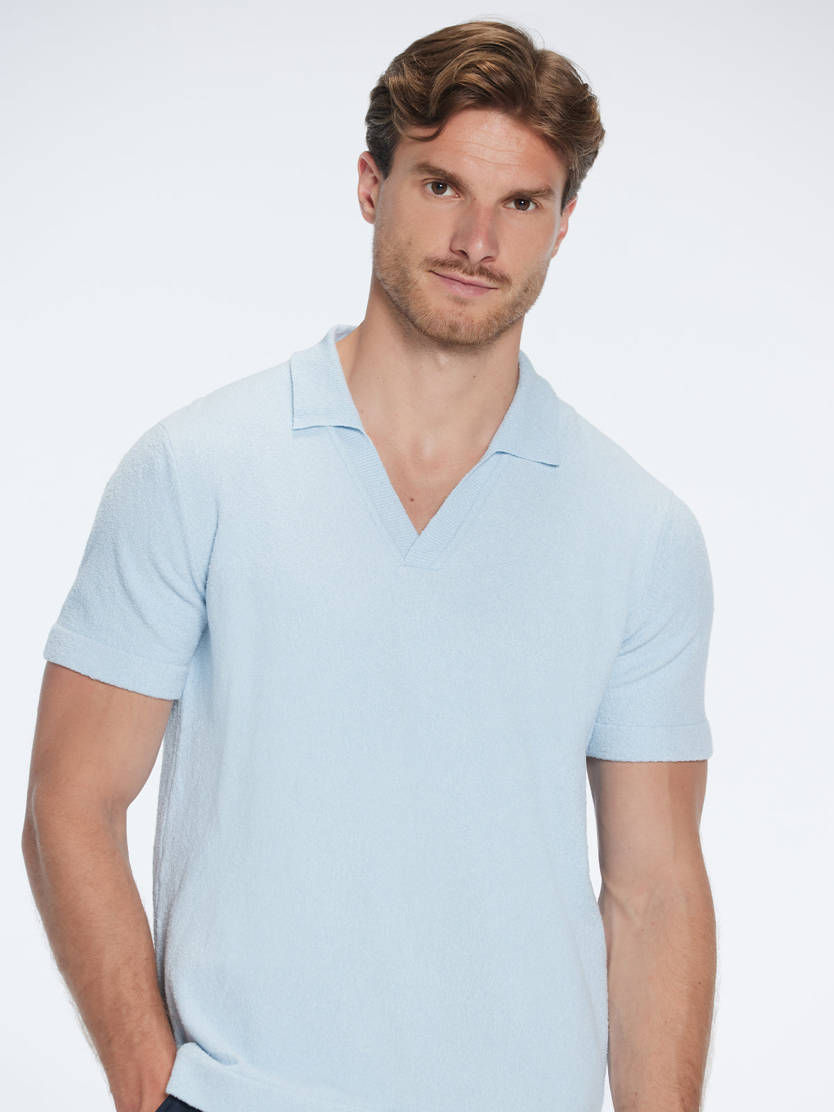 Atticus Baby Blue V-Neck Polo T-Shirt | Moeva | T-Shirt | Each week unveils new pieces—luxury swimwear, fluid resort silhouettes, and elevated summer-to-evening essentials designed to carry you from coastal escapes to city nights.