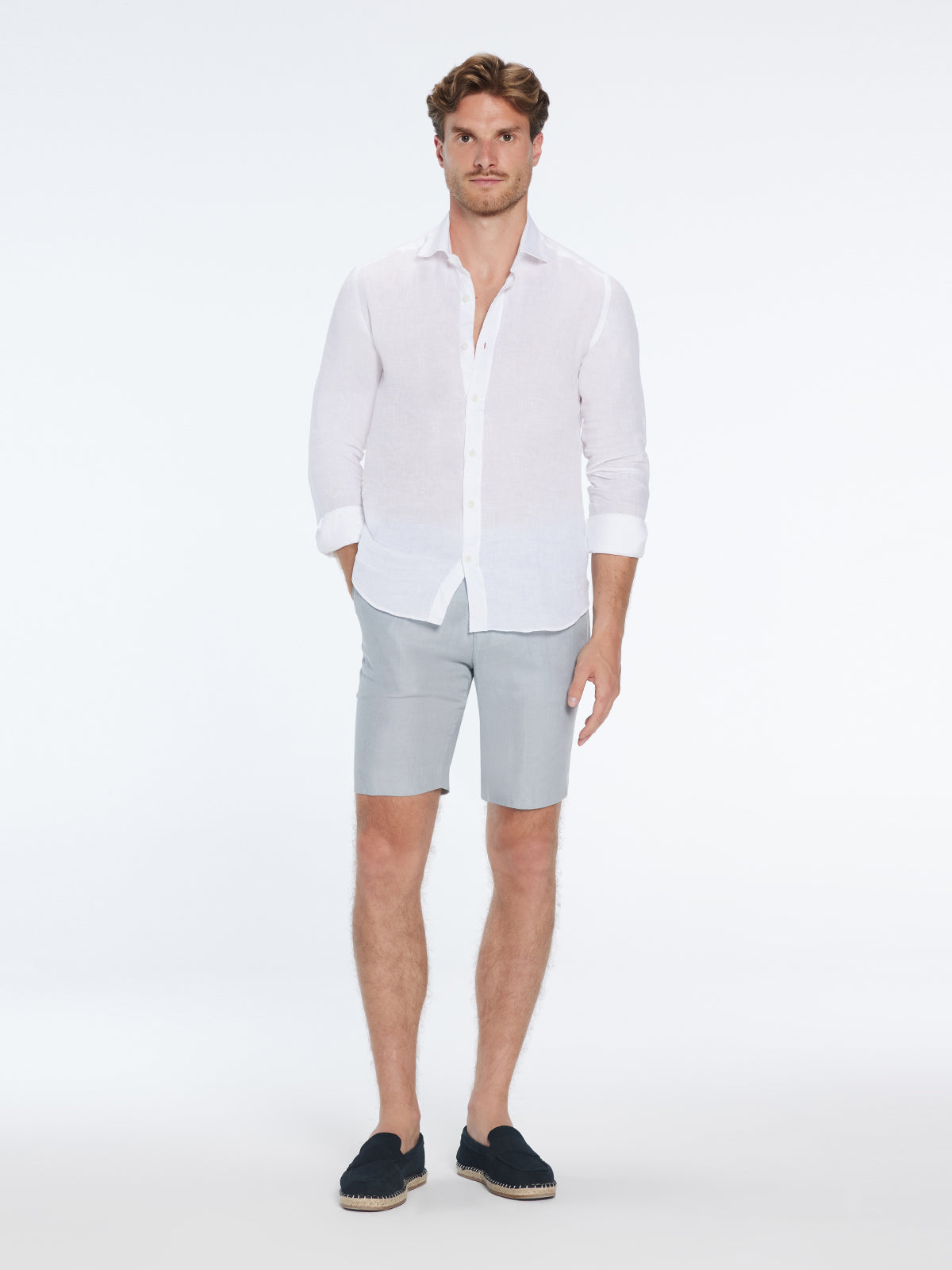 Marco Linen Grey Shorts | Moeva | Shirt | Each week unveils new pieces—luxury swimwear, fluid resort silhouettes, and elevated summer-to-evening essentials designed to carry you from coastal escapes to city nights.