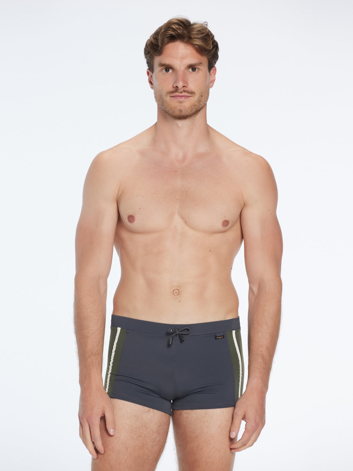 Antonio Grey / Green / White Swim Trunks with Drawcord | Moeva | Trunks | Each week unveils new pieces—luxury swimwear, fluid resort silhouettes, and elevated summer-to-evening essentials designed to carry you from coastal escapes to city nights.