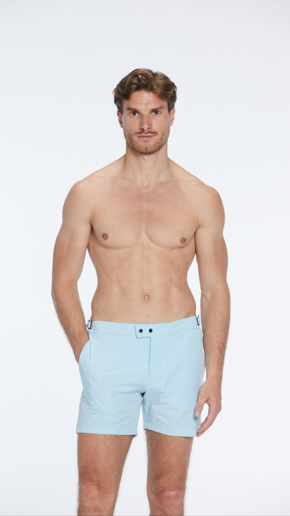 Jack Baby Blue Bulldog Swim Shorts | Moeva | Men Swim Stretch Shorts | Each week unveils new pieces—luxury swimwear, fluid resort silhouettes, and elevated summer-to-evening essentials designed to carry you from coastal escapes to city nights.