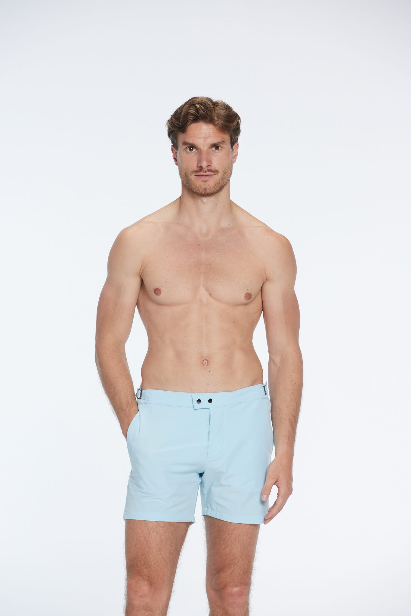 Jack Baby Blue Bulldog Swim Shorts | Moeva | Men Swim Stretch Shorts | Each week unveils new pieces—luxury swimwear, fluid resort silhouettes, and elevated summer-to-evening essentials designed to carry you from coastal escapes to city nights.