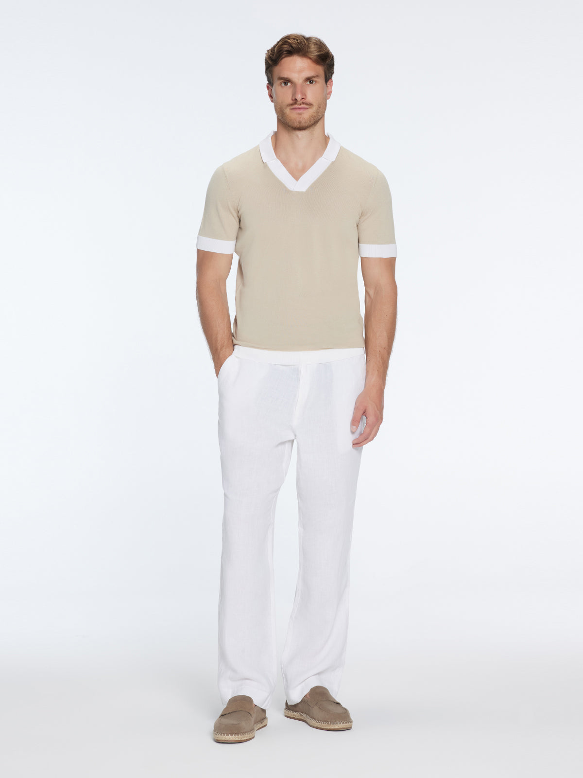 Troy Nude/White V-Neck T-Shirt with Contrast Trim | Moeva | T-Shirt | Each week unveils new pieces—luxury swimwear, fluid resort silhouettes, and elevated summer-to-evening essentials designed to carry you from coastal escapes to city nights.