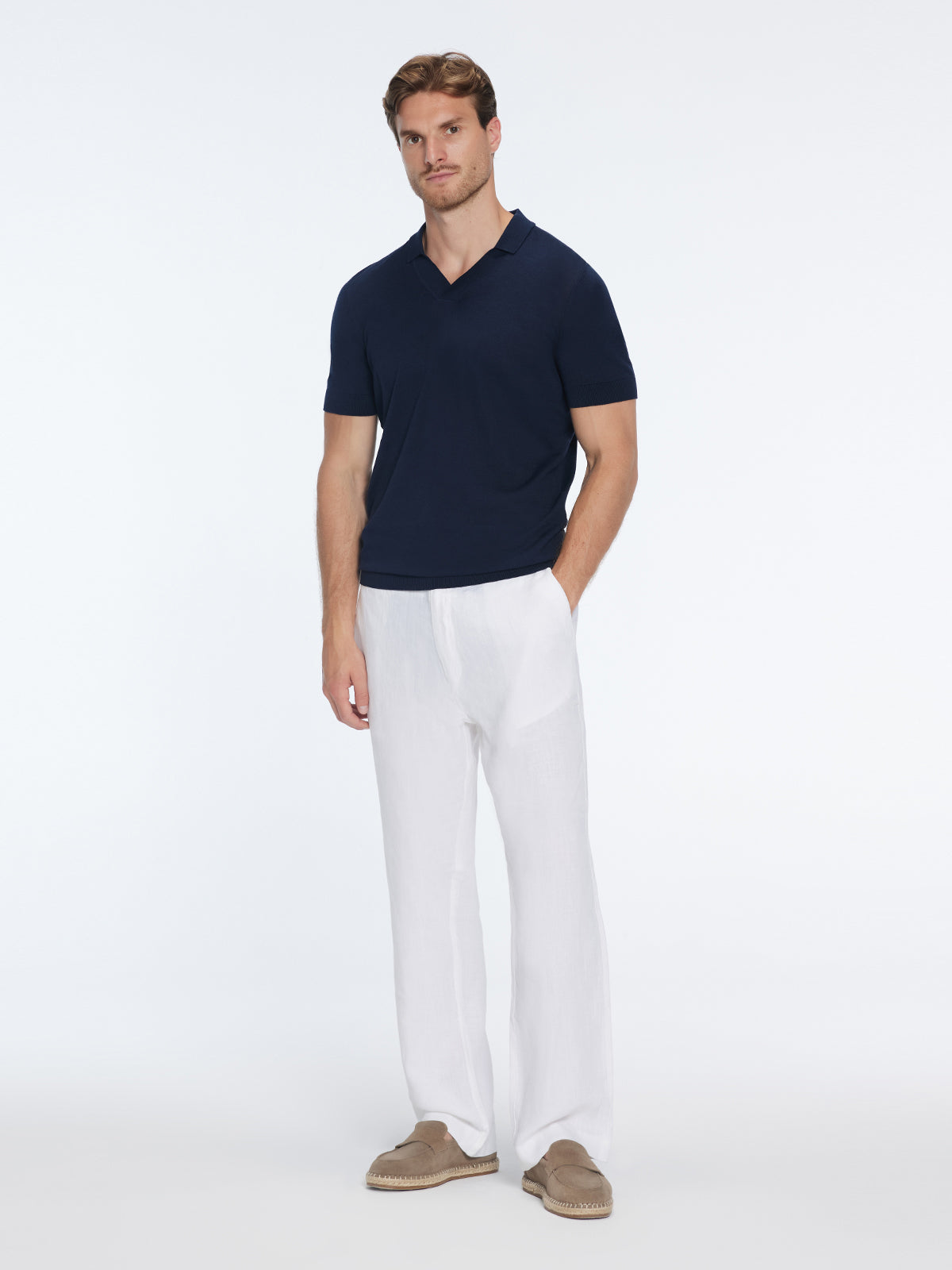 Mark Dark Blue Cotton V-Neck Polo T-Shirt | Moeva | T-Shirt | Each week unveils new pieces—luxury swimwear, fluid resort silhouettes, and elevated summer-to-evening essentials designed to carry you from coastal escapes to city nights.
