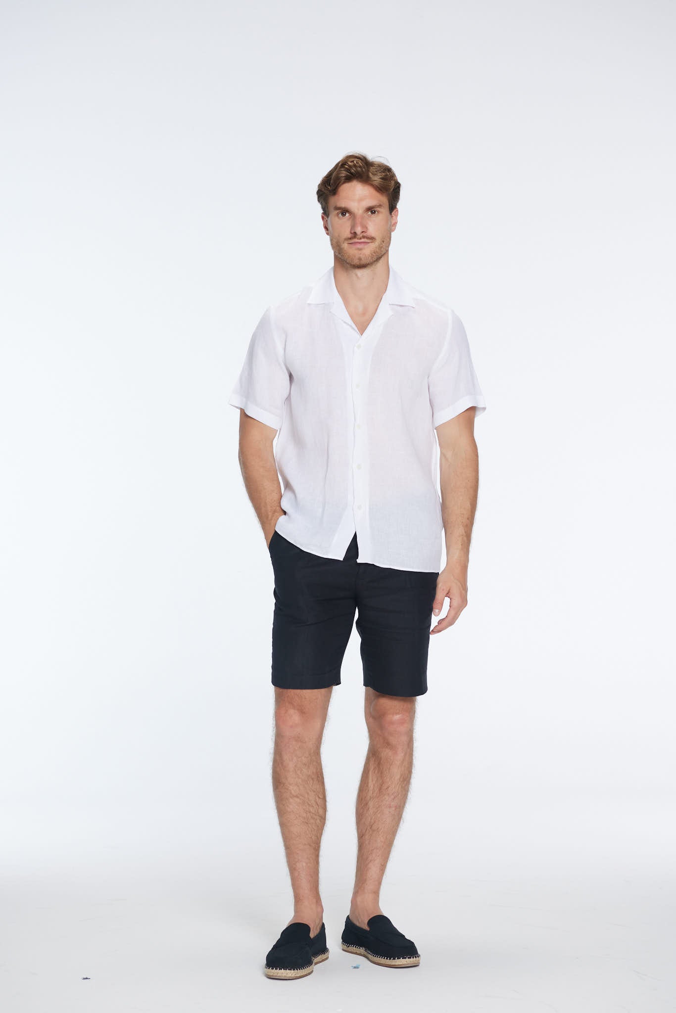 Romeo White Linen Shirt with Camp Collar | Moeva | Men Classic Collar Shirts | Each week unveils new pieces—luxury swimwear, fluid resort silhouettes, and elevated summer-to-evening essentials designed to carry you from coastal escapes to city nights.