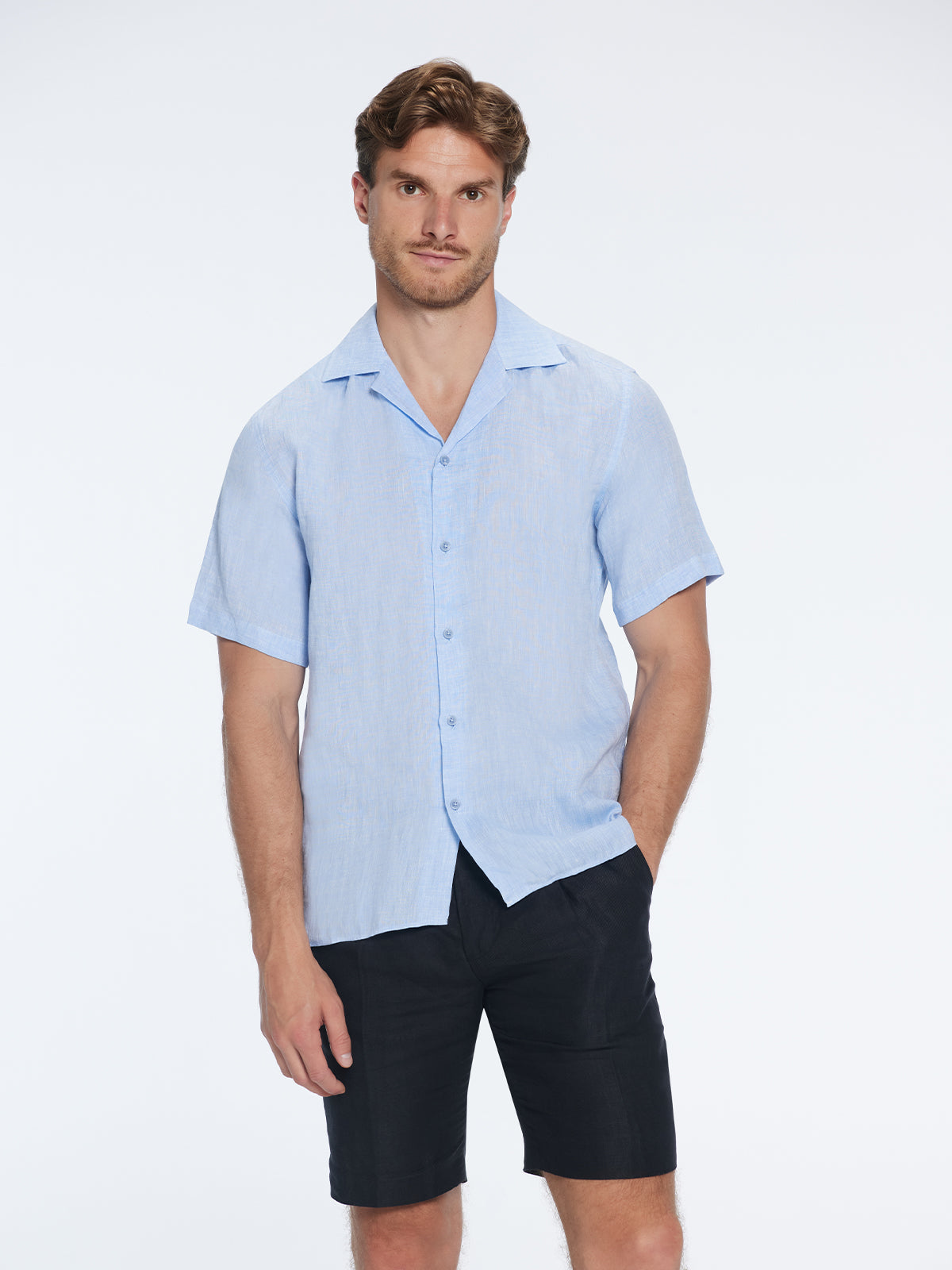 Romeo Baby Blue Linen Shirt with Camp Collar | Moeva | Shirt | Each week unveils new pieces—luxury swimwear, fluid resort silhouettes, and elevated summer-to-evening essentials designed to carry you from coastal escapes to city nights.