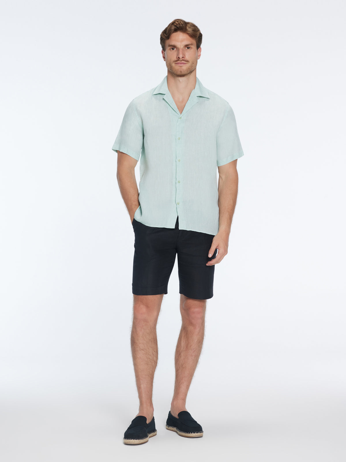 Romeo Green Linen Shirt with Camp Collar | Moeva | Shirt | Each week unveils new pieces—luxury swimwear, fluid resort silhouettes, and elevated summer-to-evening essentials designed to carry you from coastal escapes to city nights.