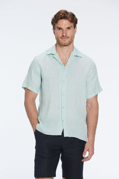 Romeo Green Linen Shirt with Camp Collar | Moeva | Shirt | Each week unveils new pieces—luxury swimwear, fluid resort silhouettes, and elevated summer-to-evening essentials designed to carry you from coastal escapes to city nights.