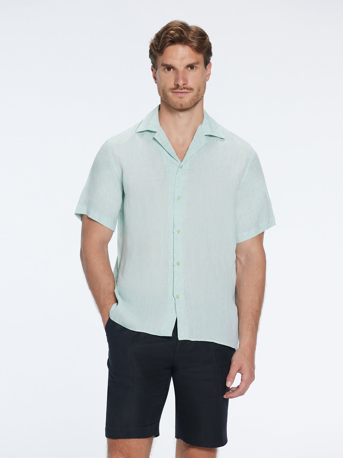 Romeo Green Linen Shirt with Camp Collar | Moeva | Shirt | Each week unveils new pieces—luxury swimwear, fluid resort silhouettes, and elevated summer-to-evening essentials designed to carry you from coastal escapes to city nights.