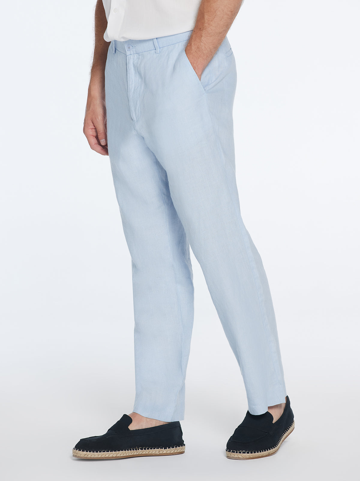Adrian Baby Blue Linen Straight-Leg Pants | Moeva | Pants | Each week unveils new pieces—luxury swimwear, fluid resort silhouettes, and elevated summer-to-evening essentials designed to carry you from coastal escapes to city nights.