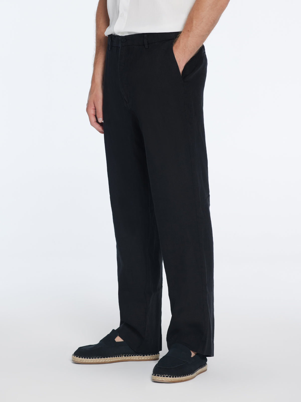 Adrian Black Linen Straight-Leg Pants | Moeva | Pants | Each week unveils new pieces—luxury swimwear, fluid resort silhouettes, and elevated summer-to-evening essentials designed to carry you from coastal escapes to city nights.