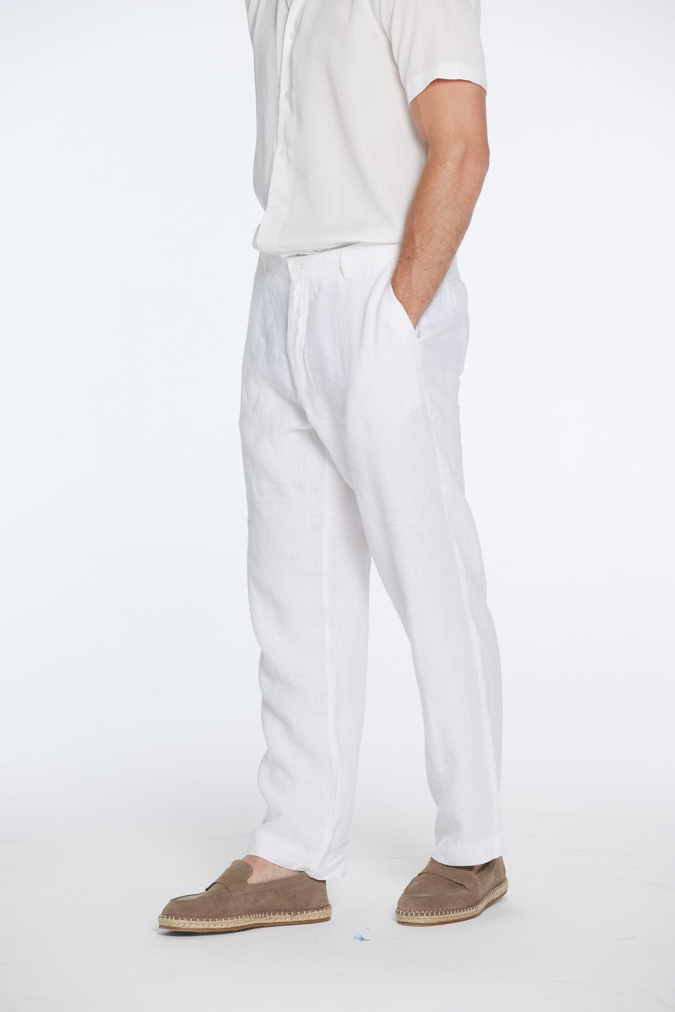 Andres Rasmussen - Harry White Linen Shirt with Spread Collar And Adrian Linen Straight-Leg Pants | Moeva | Set | Each week unveils new pieces—luxury swimwear, fluid resort silhouettes, and elevated summer-to-evening essentials designed to carry you from coastal escapes to city nights.