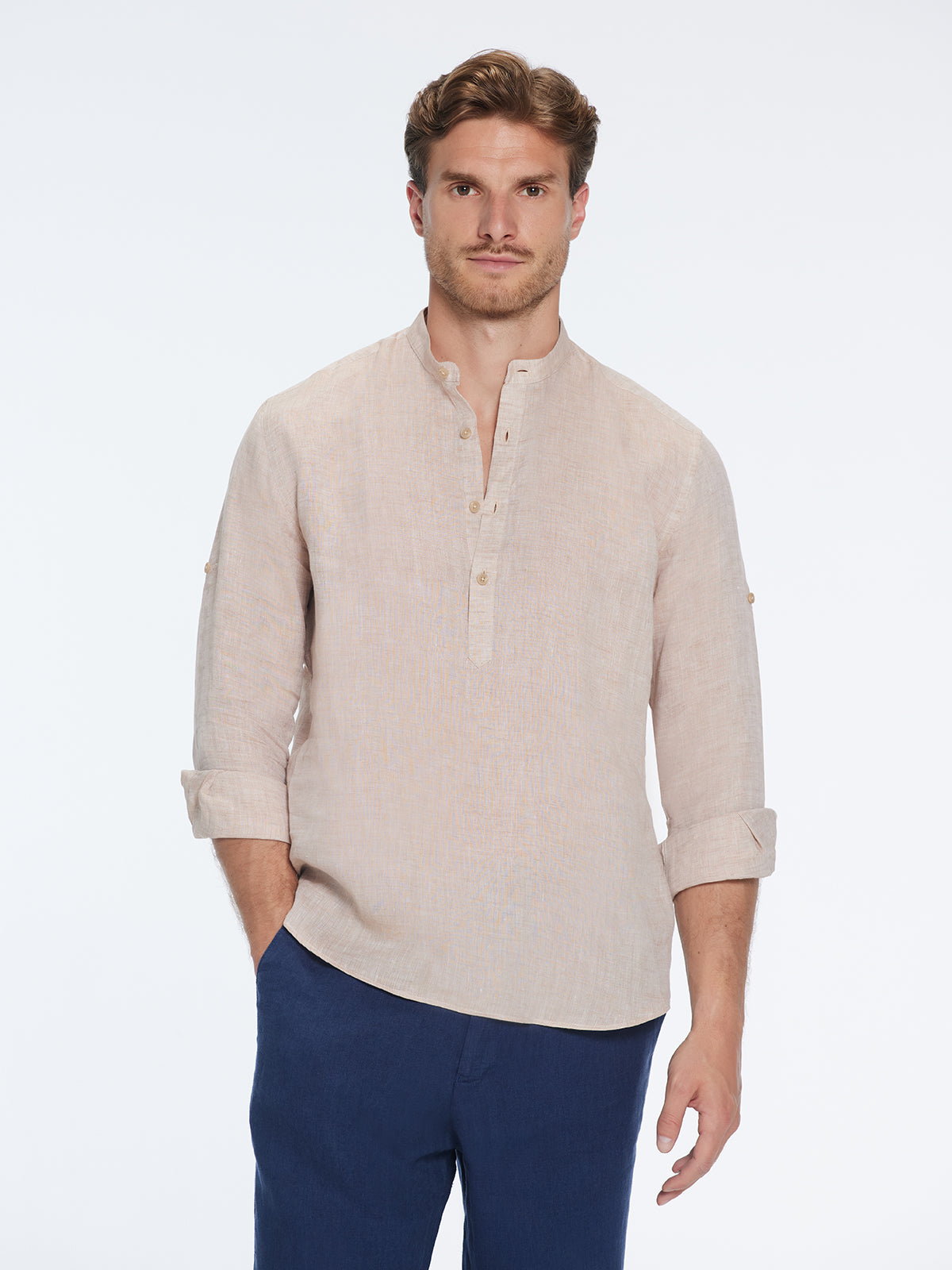 Matteo Nude Linen Half-Placket Band Collar Shirt | Moeva | Shirt | Each week unveils new pieces—luxury swimwear, fluid resort silhouettes, and elevated summer-to-evening essentials designed to carry you from coastal escapes to city nights.