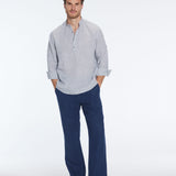 Matteo Grey Linen Half-Placket Band Collar Shirt | Moeva | Men Mandarin Collar Shirts | Each week unveils new pieces—luxury swimwear, fluid resort silhouettes, and elevated summer-to-evening essentials designed to carry you from coastal escapes to city nights.