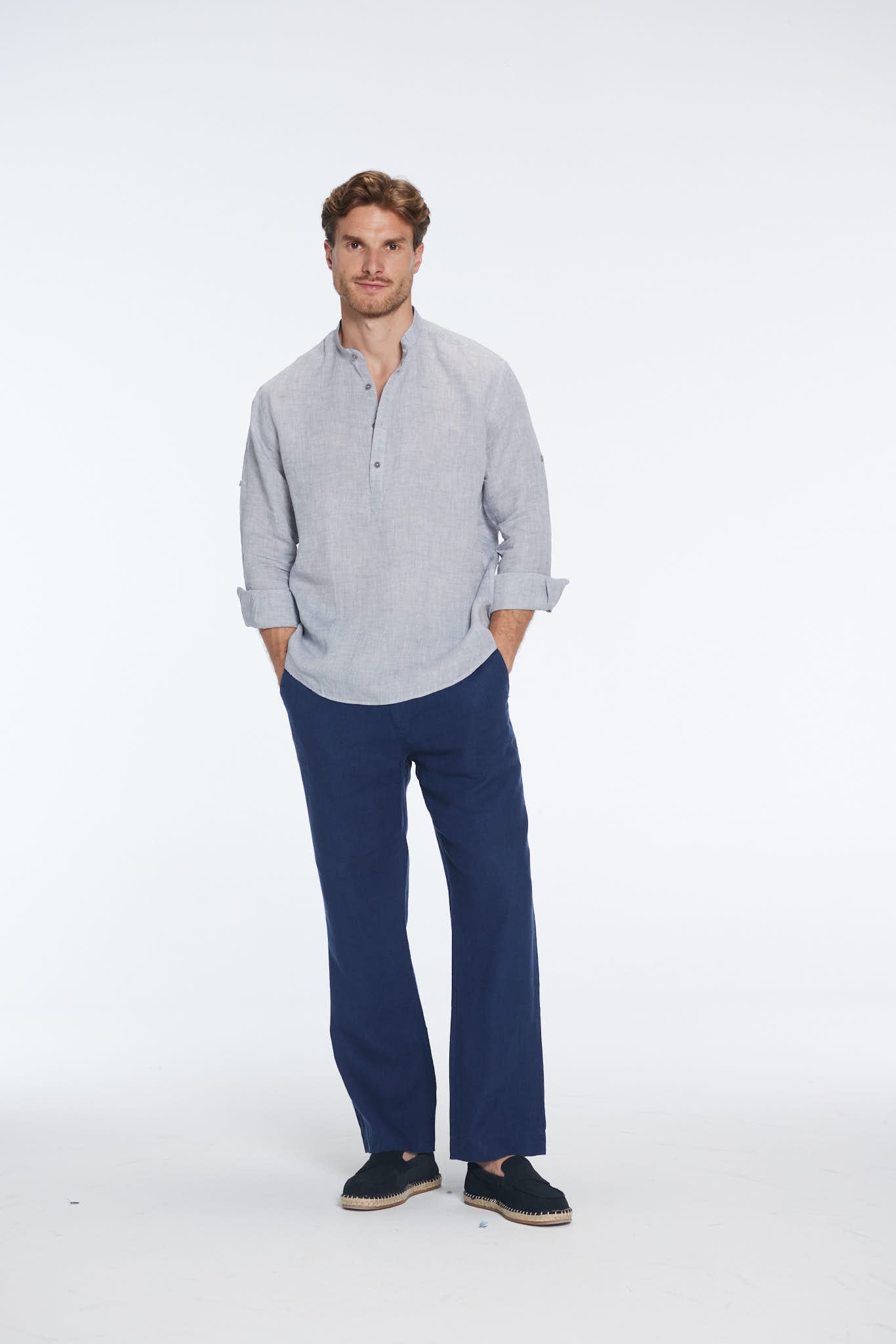 Matteo Grey Linen Half-Placket Band Collar Shirt | Moeva | Men Mandarin Collar Shirts | Each week unveils new pieces—luxury swimwear, fluid resort silhouettes, and elevated summer-to-evening essentials designed to carry you from coastal escapes to city nights.