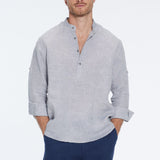 Matteo Grey Linen Half-Placket Band Collar Shirt | Moeva | Men Mandarin Collar Shirts | Each week unveils new pieces—luxury swimwear, fluid resort silhouettes, and elevated summer-to-evening essentials designed to carry you from coastal escapes to city nights.