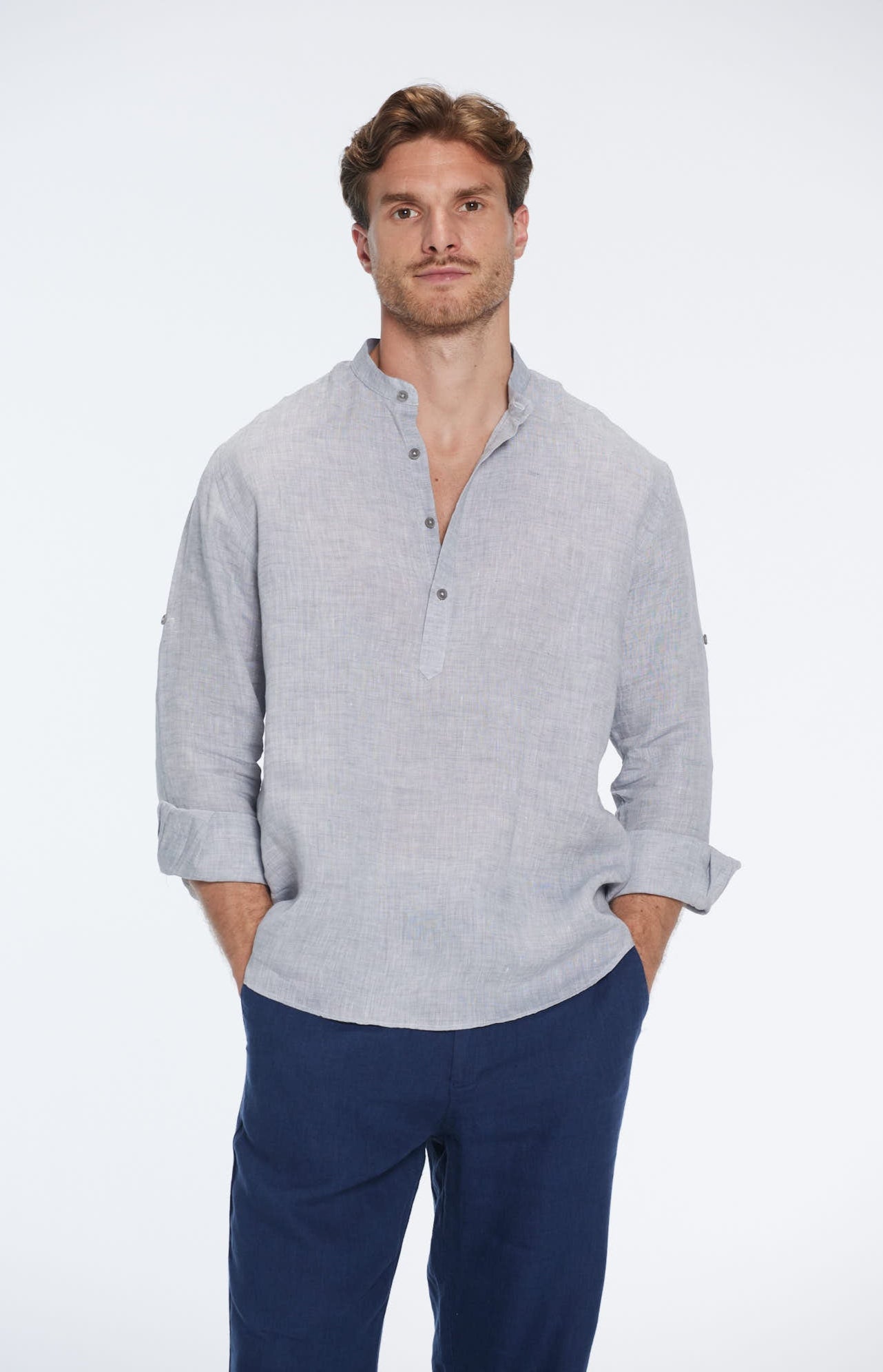 Matteo Grey Linen Half-Placket Band Collar Shirt | Moeva | Men Mandarin Collar Shirts | Each week unveils new pieces—luxury swimwear, fluid resort silhouettes, and elevated summer-to-evening essentials designed to carry you from coastal escapes to city nights.